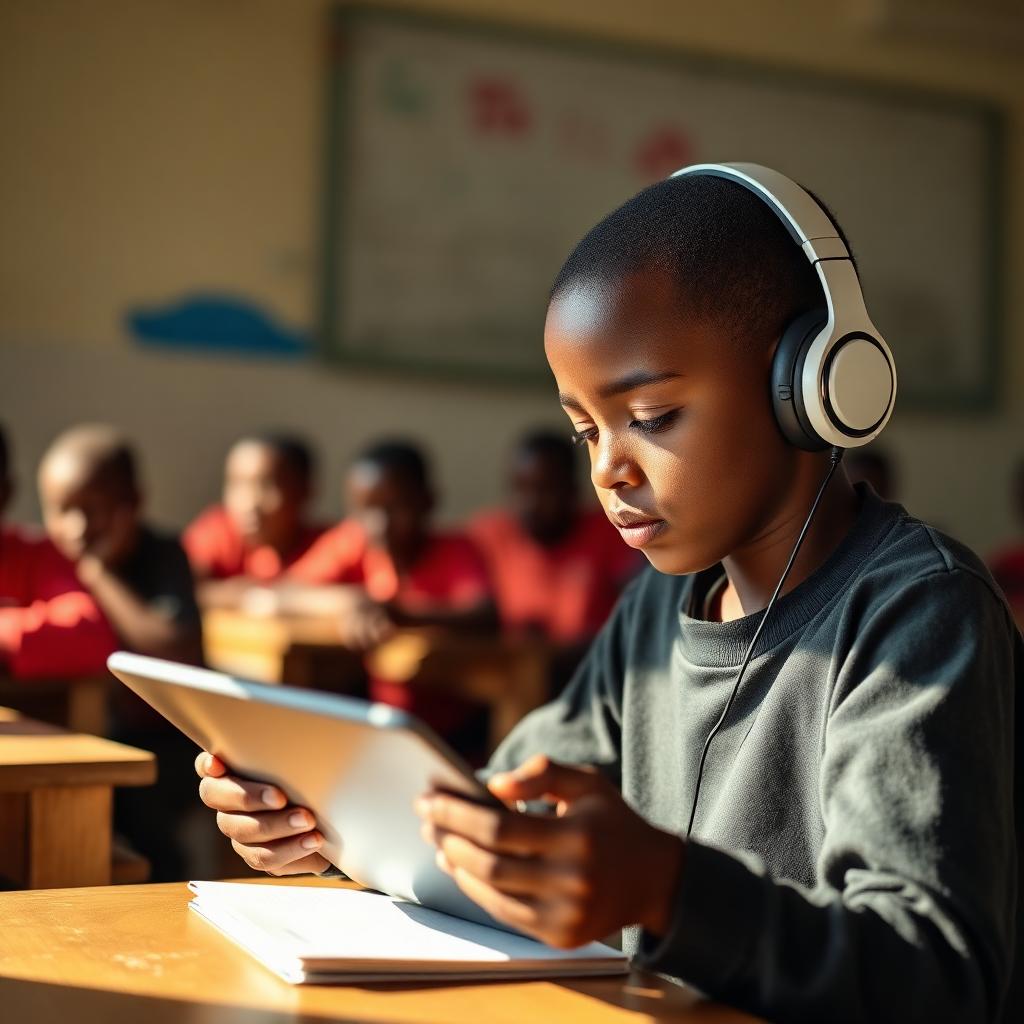 Young learner on a tablet with headphones