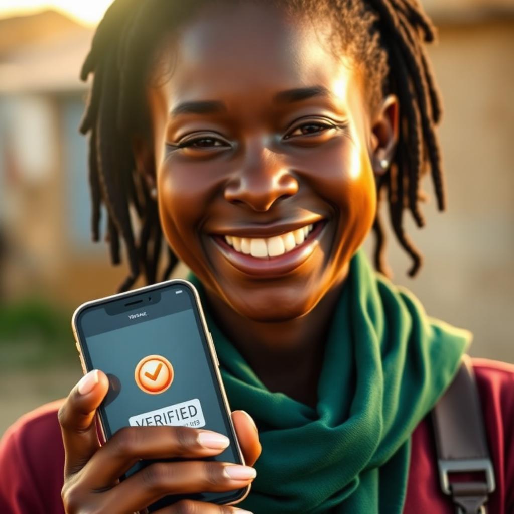 Young person holding a phone with a verified ID badge